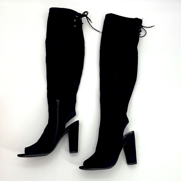 New in box Guess faux suede open toe knee boots size 7 black - Picture 1 of 7